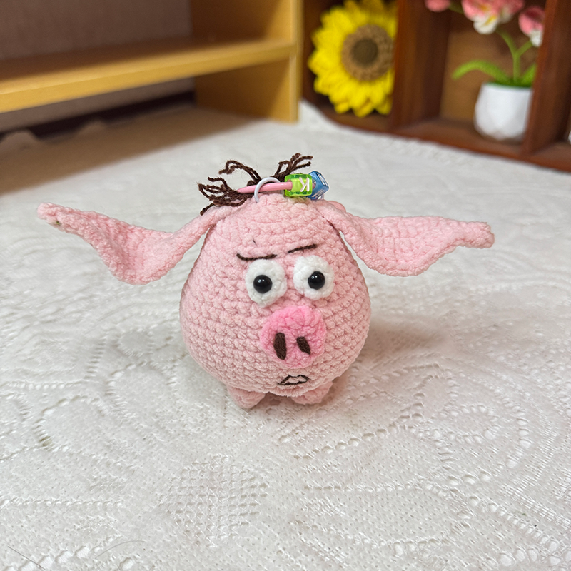 Handmade Crochet Flying Pig Pendant, Quirky One-of-a-Kind Animal Bag Charm Keychain - Image 2