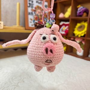 Handmade Crochet Flying Pig Pendant, Quirky One-of-a-Kind Animal Bag Charm Keychain